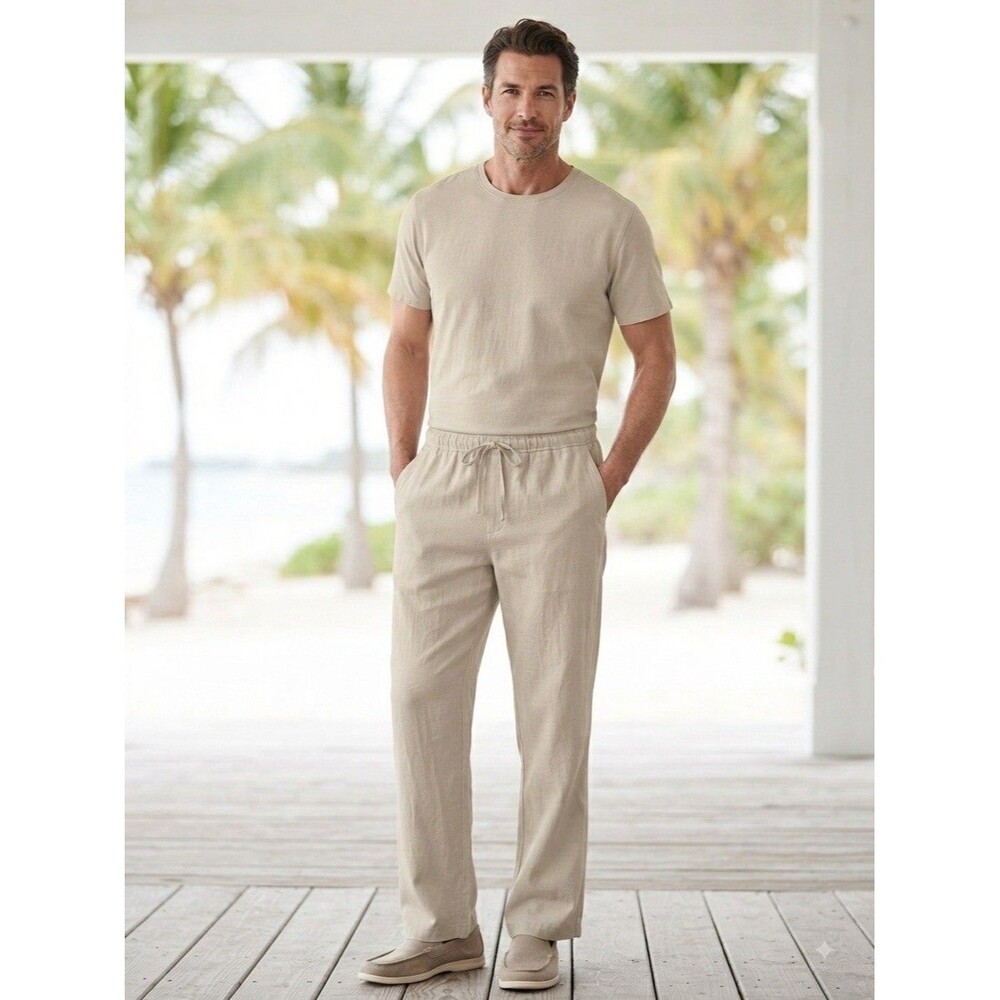 Joe Marlin Men Pull On Pants Sz XXL Beige Linen Rayon Drawstring Casual Trousers